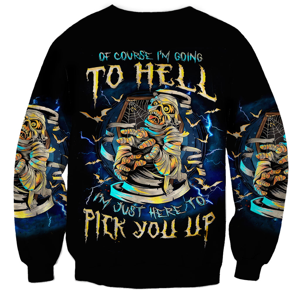 Black crewneck sweatshirt with large skull graphic and blue lightning, long sleeves