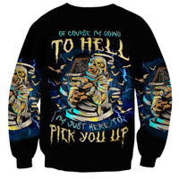 Black crewneck sweatshirt with large skull graphic and blue lightning, long sleeves