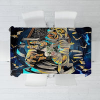 Black skull and mummy graphic tablecloth with blue lightning accents, rectangular
