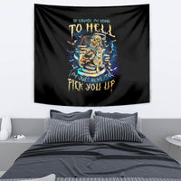 Black skull tapestry with “To Hell” text and blue electric flames graphic