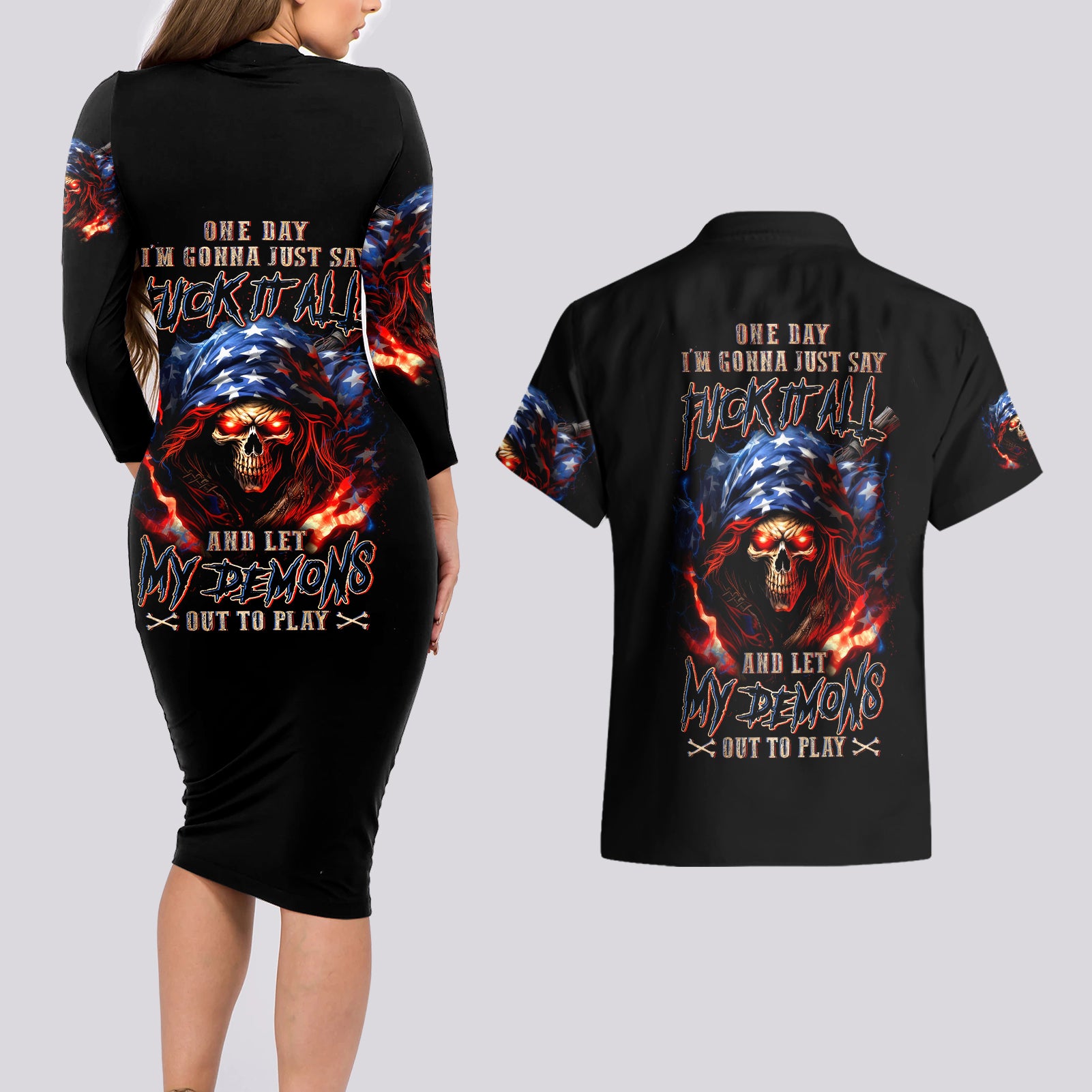 American Skull Couples Matching Long Sleeve Bodycon Dress and Hawaiian Shirt One Day I Gonna Fuck It All - Wonder Print Shop