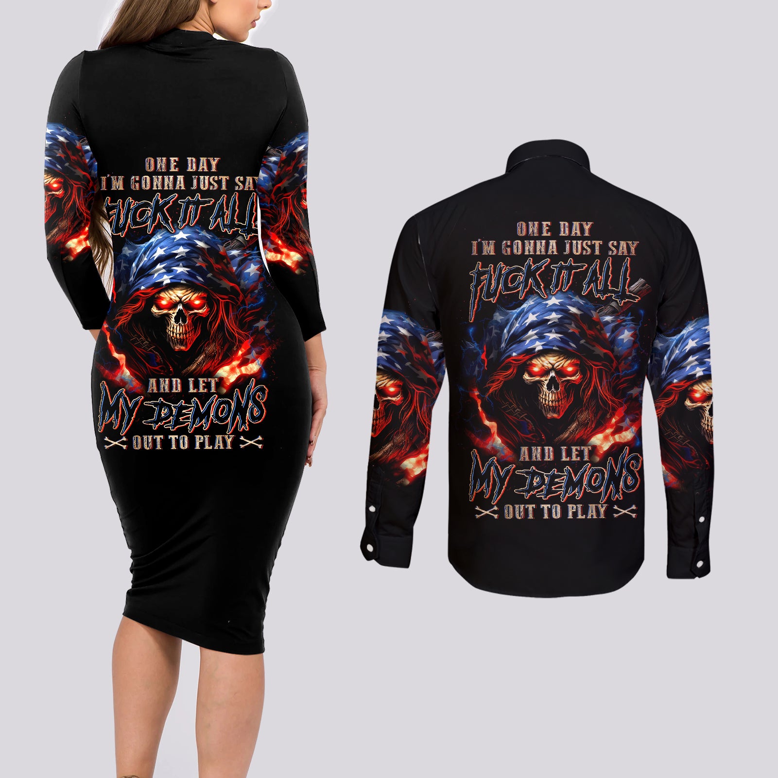 American Skull Couples Matching Long Sleeve Bodycon Dress and Long Sleeve Button Shirt One Day I Gonna Fuck It All - Wonder Print Shop