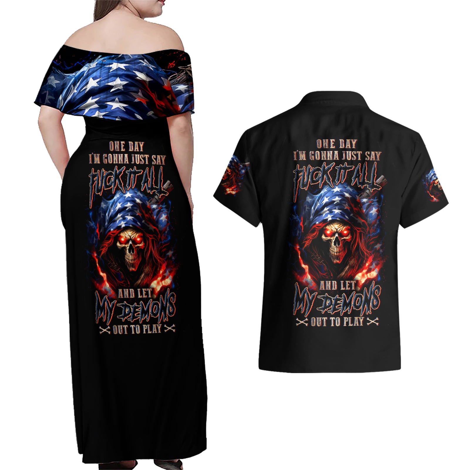 American Skull Couples Matching Off Shoulder Maxi Dress and Hawaiian Shirt One Day I Gonna Fuck It All - Wonder Print Shop