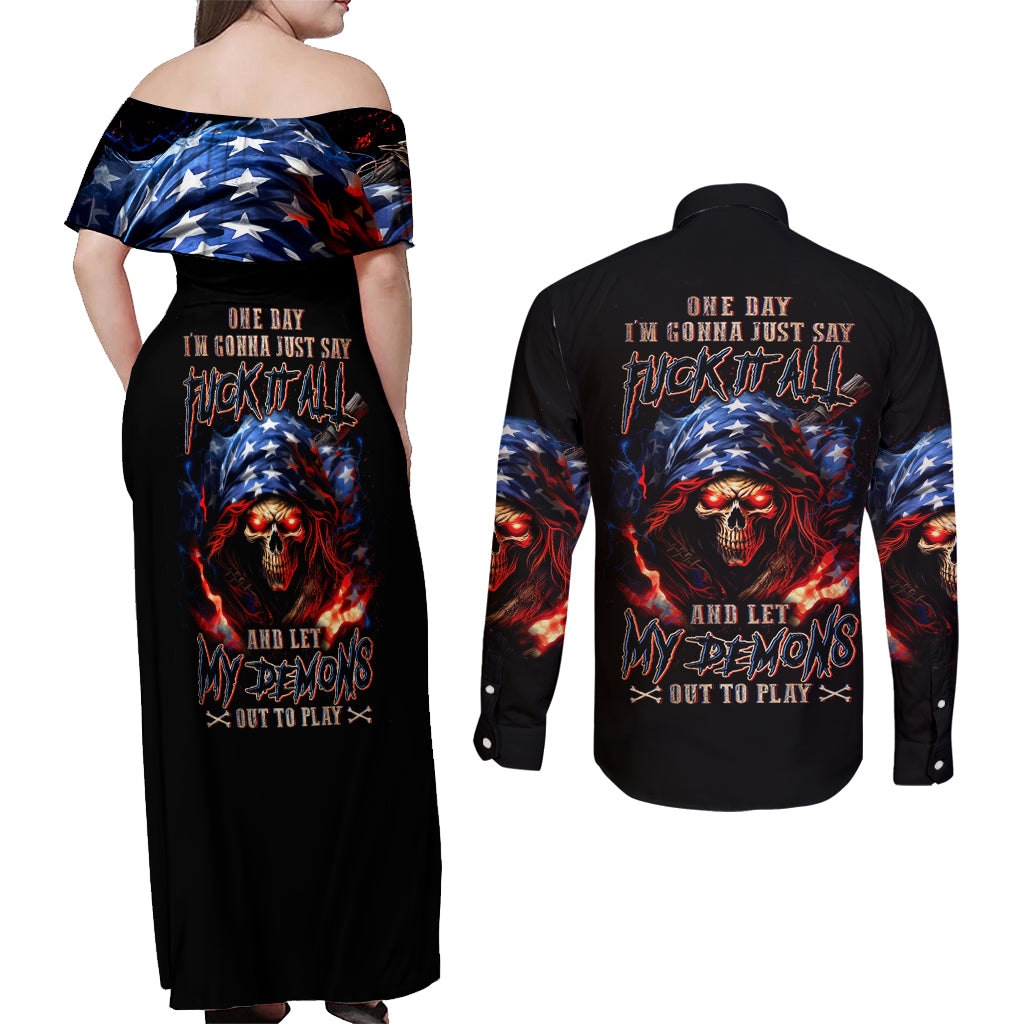 American Skull Couples Matching Off Shoulder Maxi Dress and Long Sleeve Button Shirt One Day I Gonna Fuck It All - Wonder Print Shop