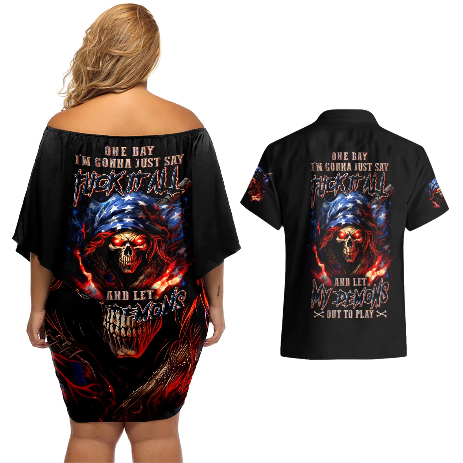 American Skull Couples Matching Off Shoulder Short Dress and Hawaiian Shirt One Day I Gonna Fuck It All - Wonder Print Shop