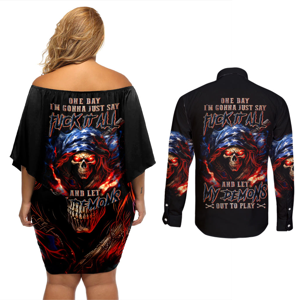 American Skull Couples Matching Off Shoulder Short Dress and Long Sleeve Button Shirt One Day I Gonna Fuck It All - Wonder Print Shop