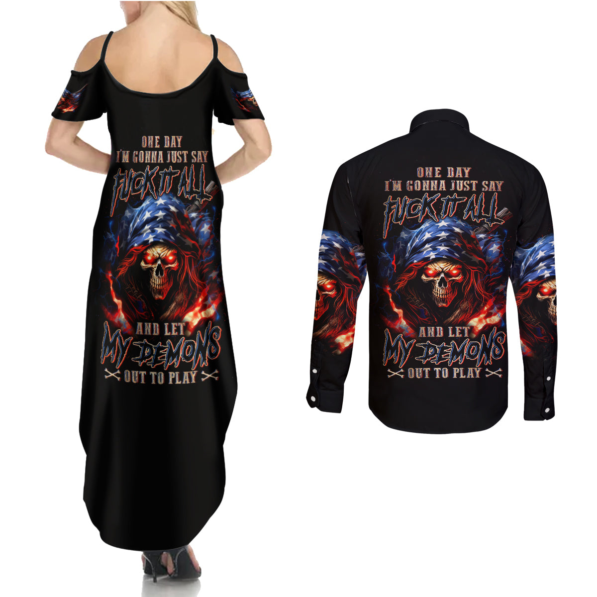 American Skull Couples Matching Summer Maxi Dress and Long Sleeve Button Shirt One Day I Gonna Fuck It All - Wonder Print Shop