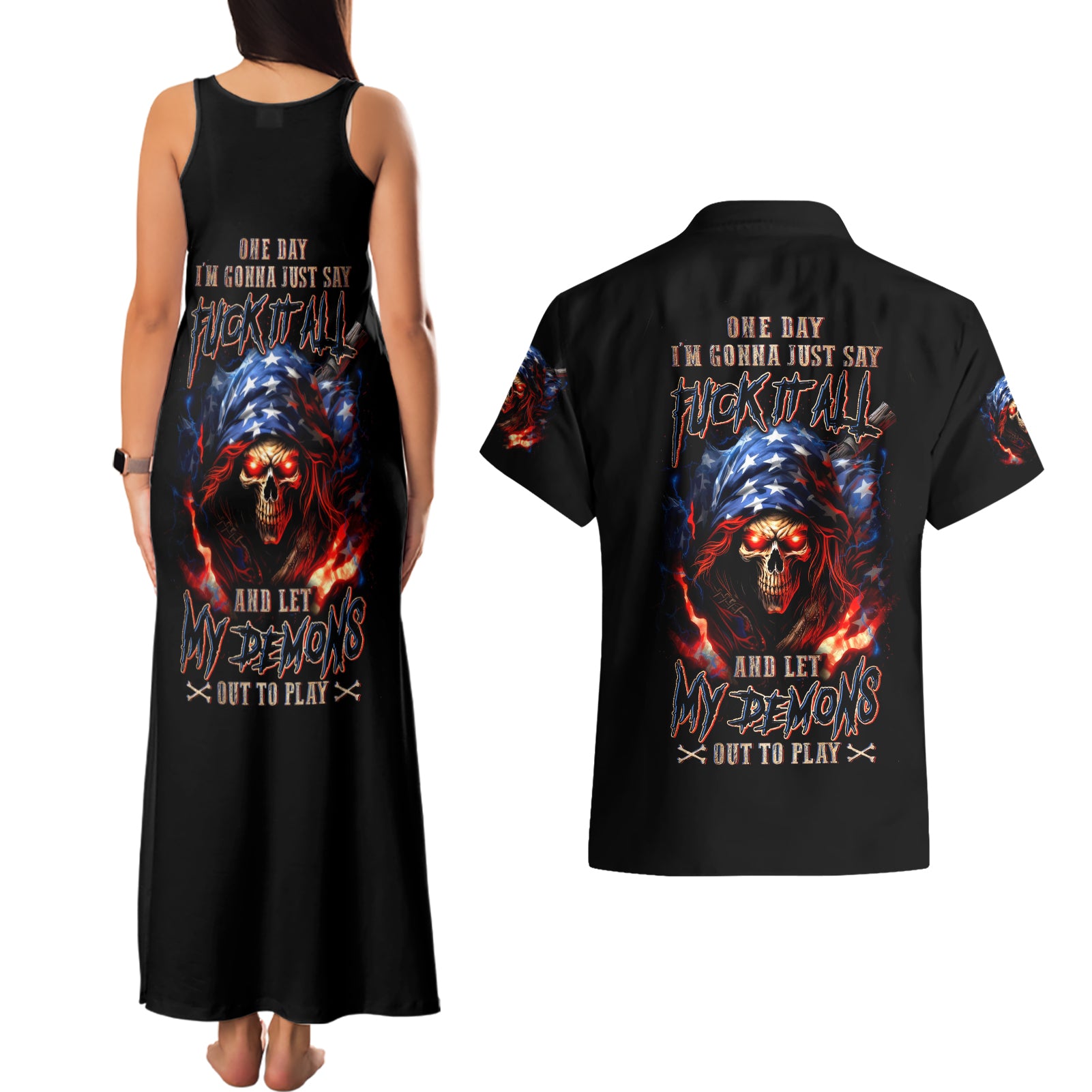 American Skull Couples Matching Tank Maxi Dress and Hawaiian Shirt One Day I Gonna Fuck It All - Wonder Print Shop