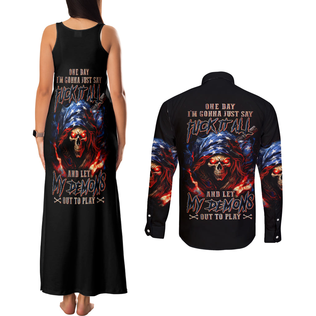 American Skull Couples Matching Tank Maxi Dress and Long Sleeve Button Shirt One Day I Gonna Fuck It All - Wonder Print Shop