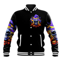 Unisex black skull baseball jacket with snap front, striped trim, colorful witch skull chest print