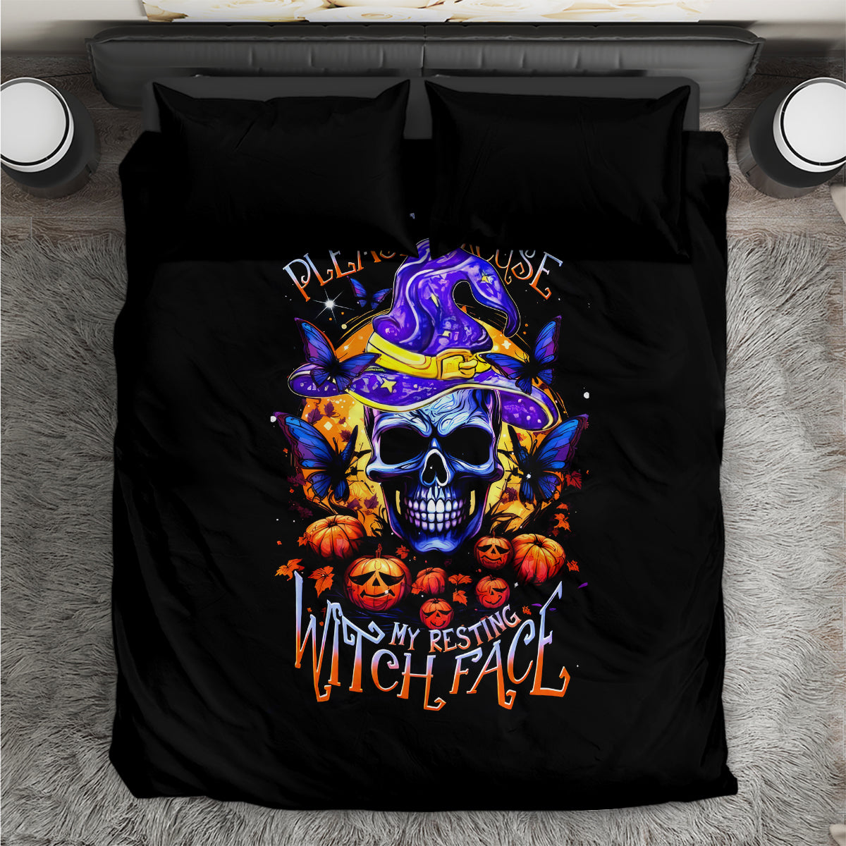 Black duvet cover bedding set with central purple witch hat skull graphic and two pillows