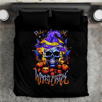Black duvet cover bedding set with central purple witch hat skull graphic and two pillows