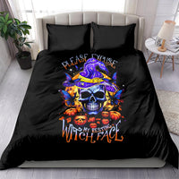 Black duvet cover bedding set with colorful skull witch face graphic and two pillows