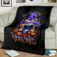 Black Halloween skull blanket with purple wizard hat and orange pumpkin halloween design