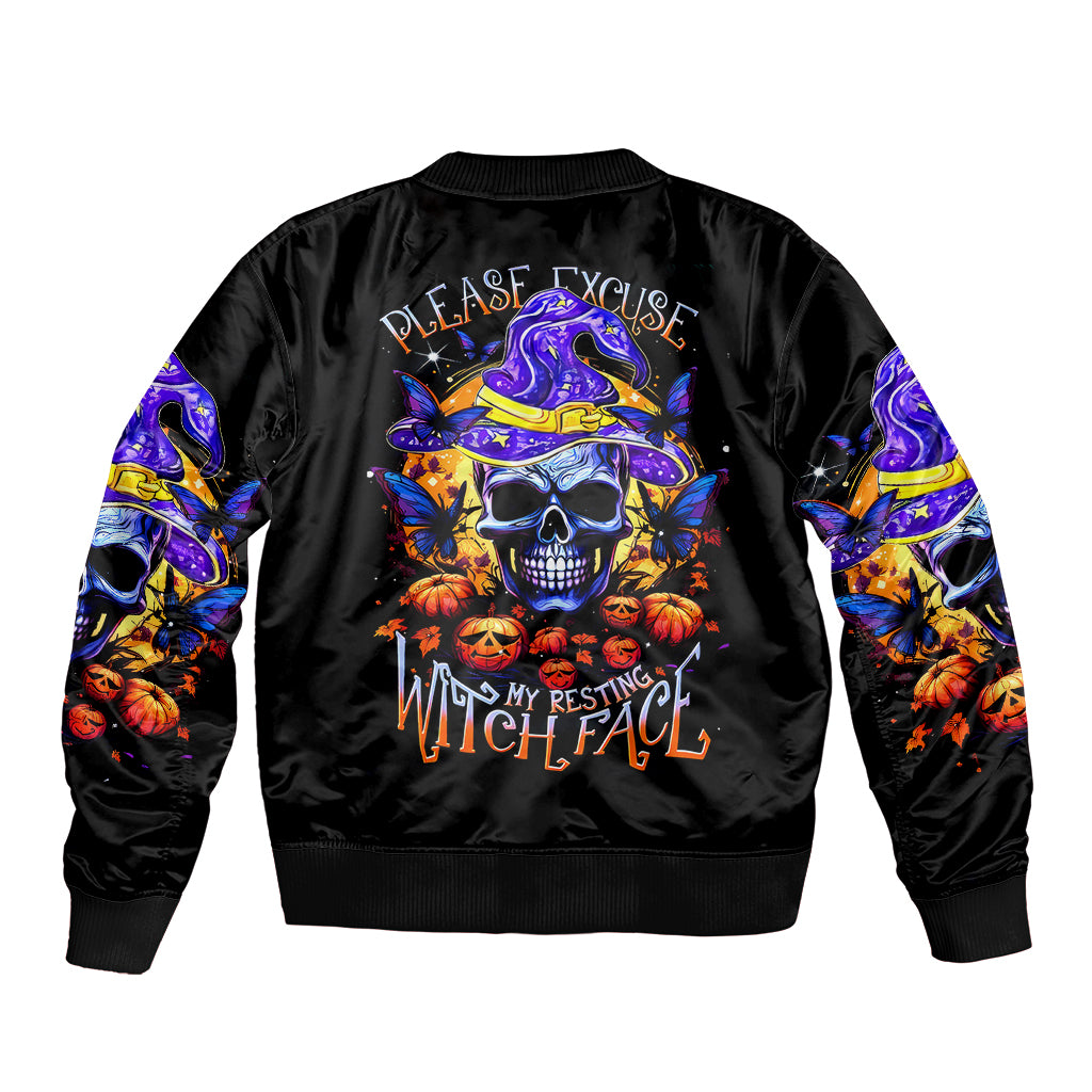 Unisex black bomber jacket with purple witch skull graphic and Halloween lettering on back