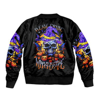 Unisex black bomber jacket with purple witch skull graphic and Halloween lettering on back