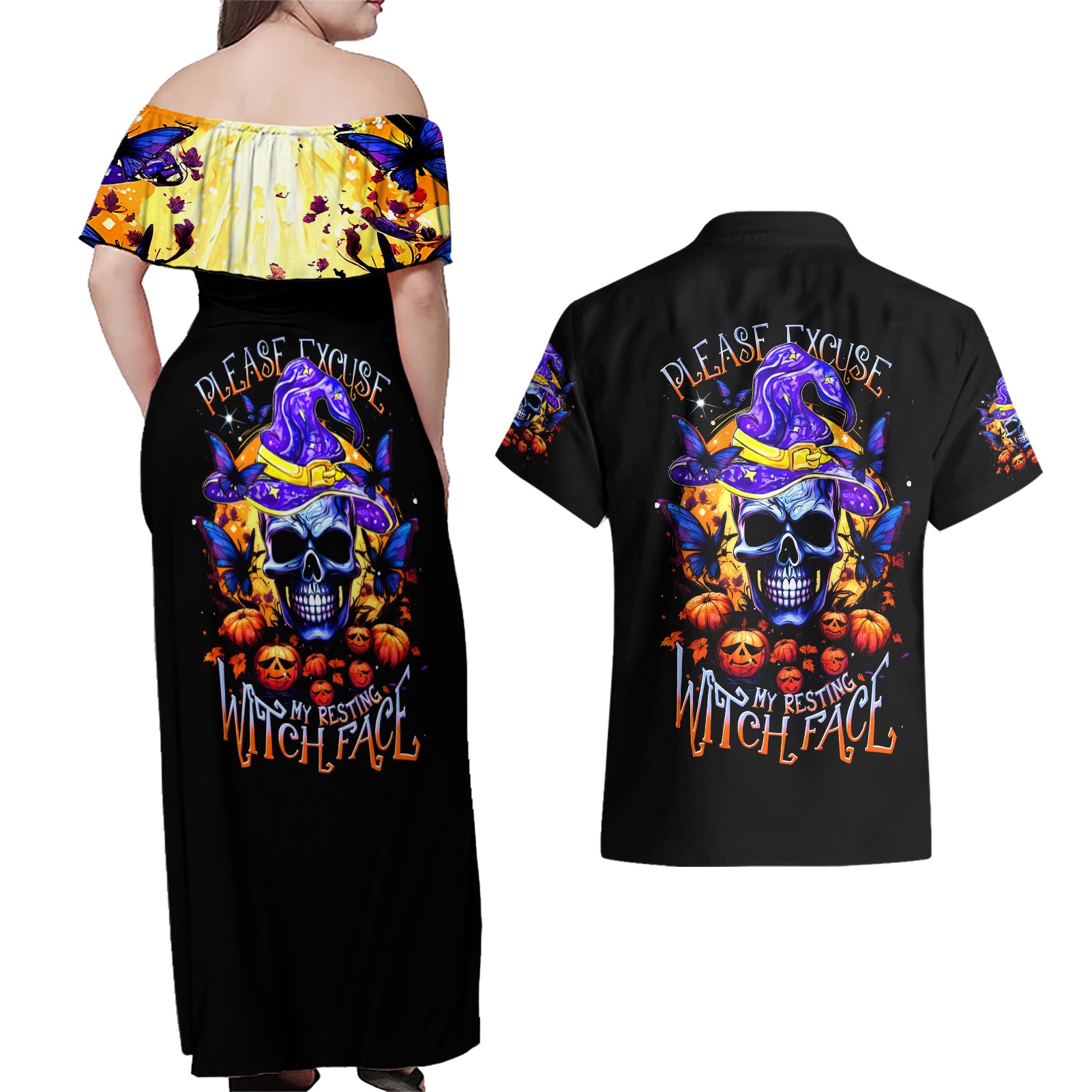 Halloween Skull Couples Matching Off Shoulder Maxi Dress and Hawaiian Shirt Please Excuse My Resting Witch Face - Wonder Print Shop