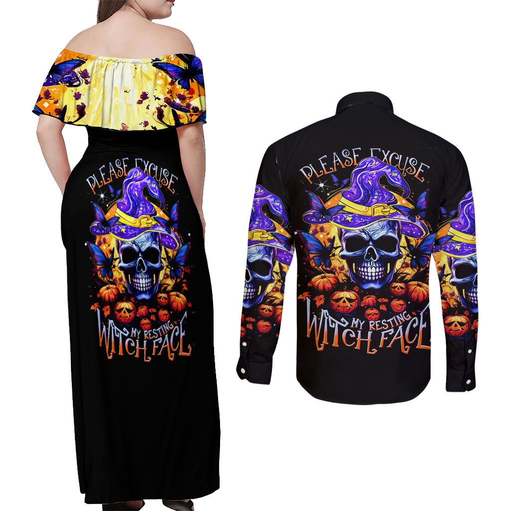 Halloween Skull Couples Matching Off Shoulder Maxi Dress and Long Sleeve Button Shirt Please Excuse My Resting Witch Face - Wonder Print Shop