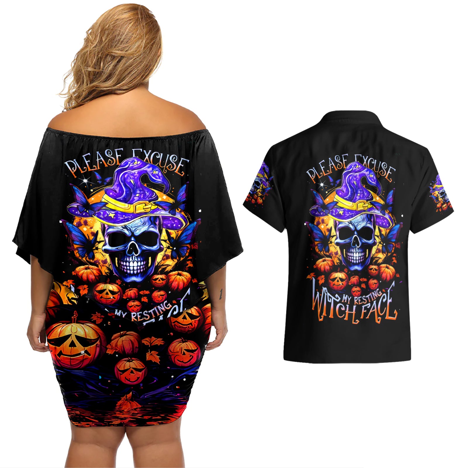 Halloween Skull Couples Matching Off Shoulder Short Dress and Hawaiian Shirt Please Excuse My Resting Witch Face - Wonder Print Shop