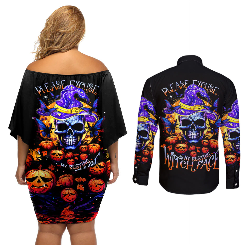 Halloween Skull Couples Matching Off Shoulder Short Dress and Long Sleeve Button Shirt Please Excuse My Resting Witch Face - Wonder Print Shop