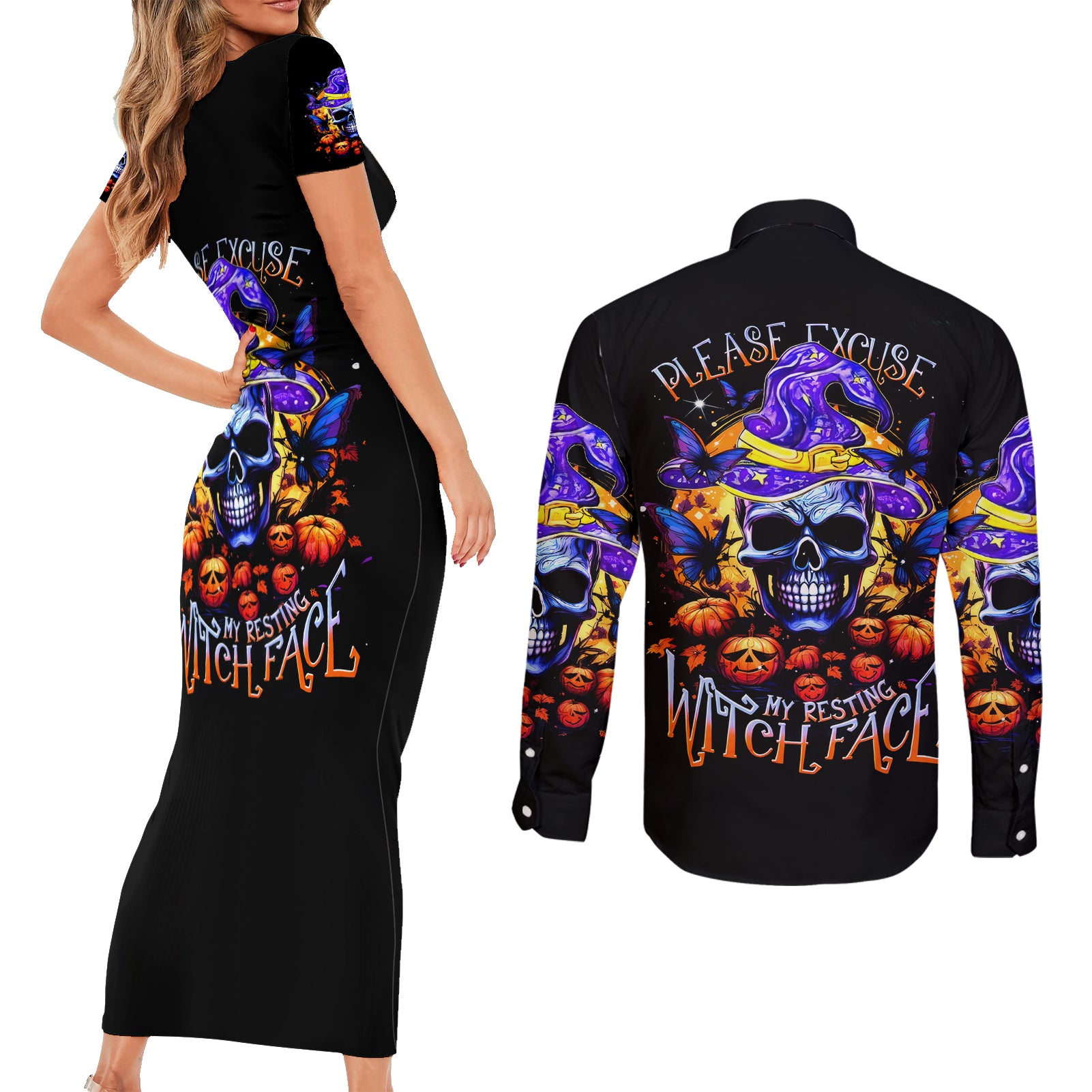 Halloween Skull Couples Matching Short Sleeve Bodycon Dress and Long Sleeve Button Shirt Please Excuse My Resting Witch Face - Wonder Print Shop