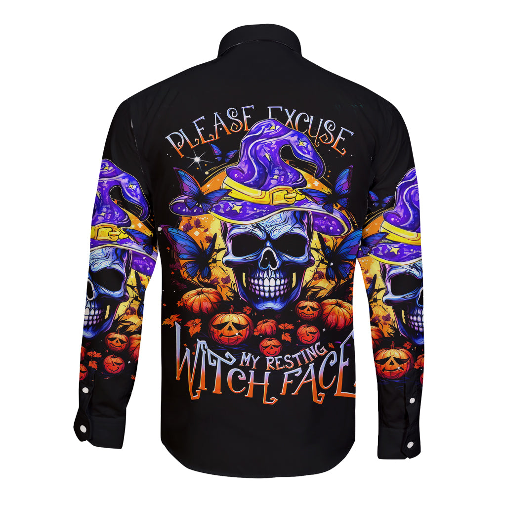 Black long-sleeve button shirt, skull witch face back graphic with orange pumpkins