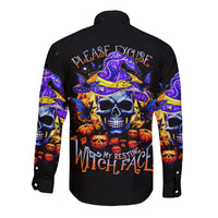 Black long-sleeve button shirt, skull witch face back graphic with orange pumpkins