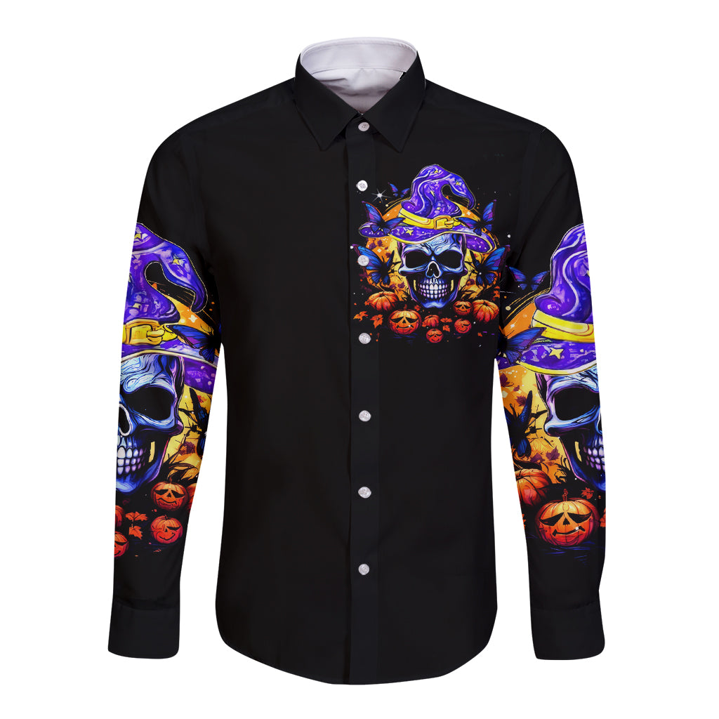 Black long-sleeve button shirt with front skull witch print and colorful sleeves