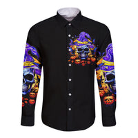 Black long-sleeve button shirt with front skull witch print and colorful sleeves