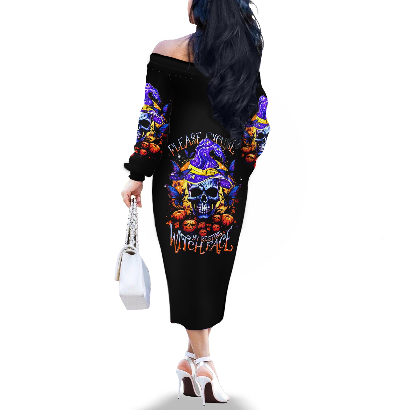 Halloween Skull Off The Shoulder Long Sleeve Dress Please Excuse My Resting Witch Face - Wonder Print Shop