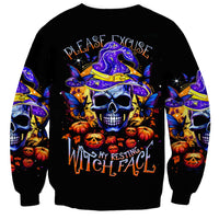 Black Halloween sweatshirt with skull wearing purple witch hat, butterflies, pumpkins graphic
