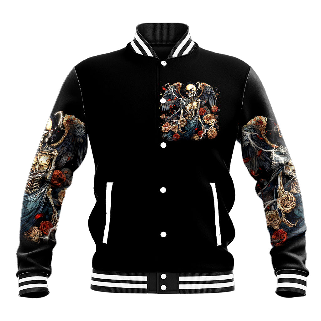 Black varsity baseball jacket with embroidered skull angel front and striped rib collar