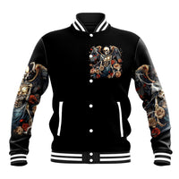 Black varsity baseball jacket with embroidered skull angel front and striped rib collar