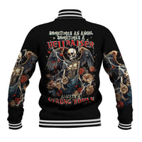 Black baseball jacket with embroidered skull angel graphic and winged rose sleeves