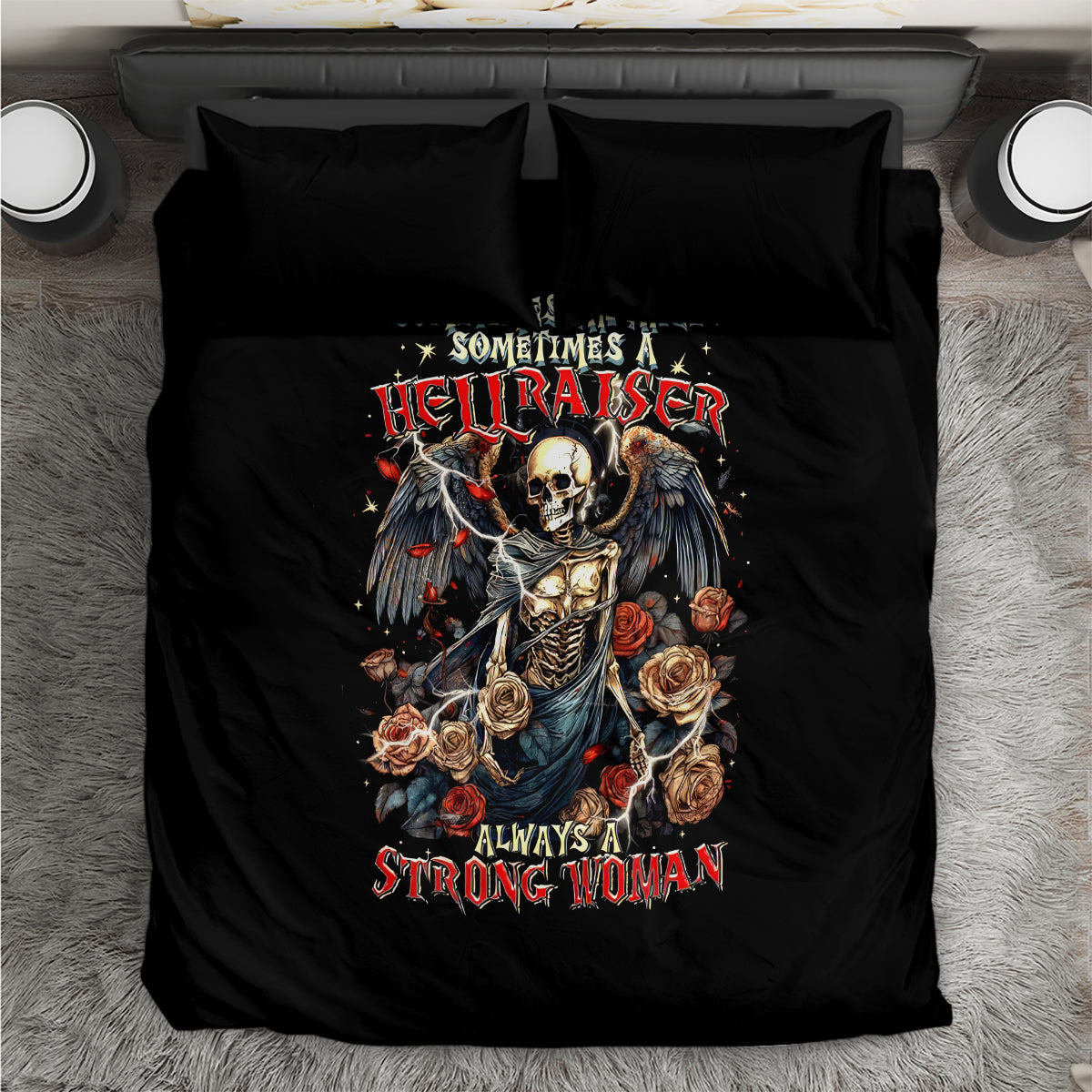 Black bedding set with centered angel skeleton print, two matching pillowcases