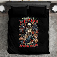 Black bedding set with centered angel skeleton print, two matching pillowcases