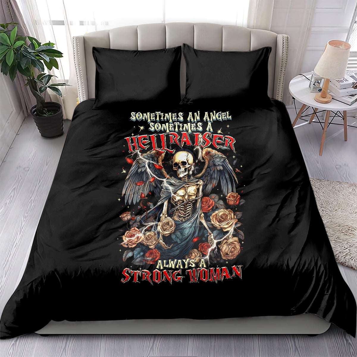 Black bedding set with angel skeleton graphic and red roses, two pillowcases