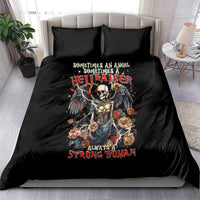 Black bedding set with angel skeleton graphic and red roses, two pillowcases