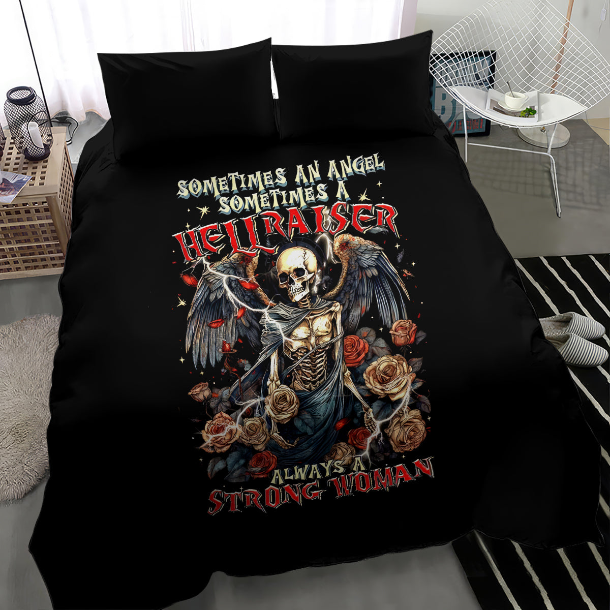 Black bedding set featuring angel skeleton with wings, roses, and bold text on duvet