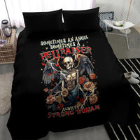 Black bedding set featuring angel skeleton with wings, roses, and bold text on duvet