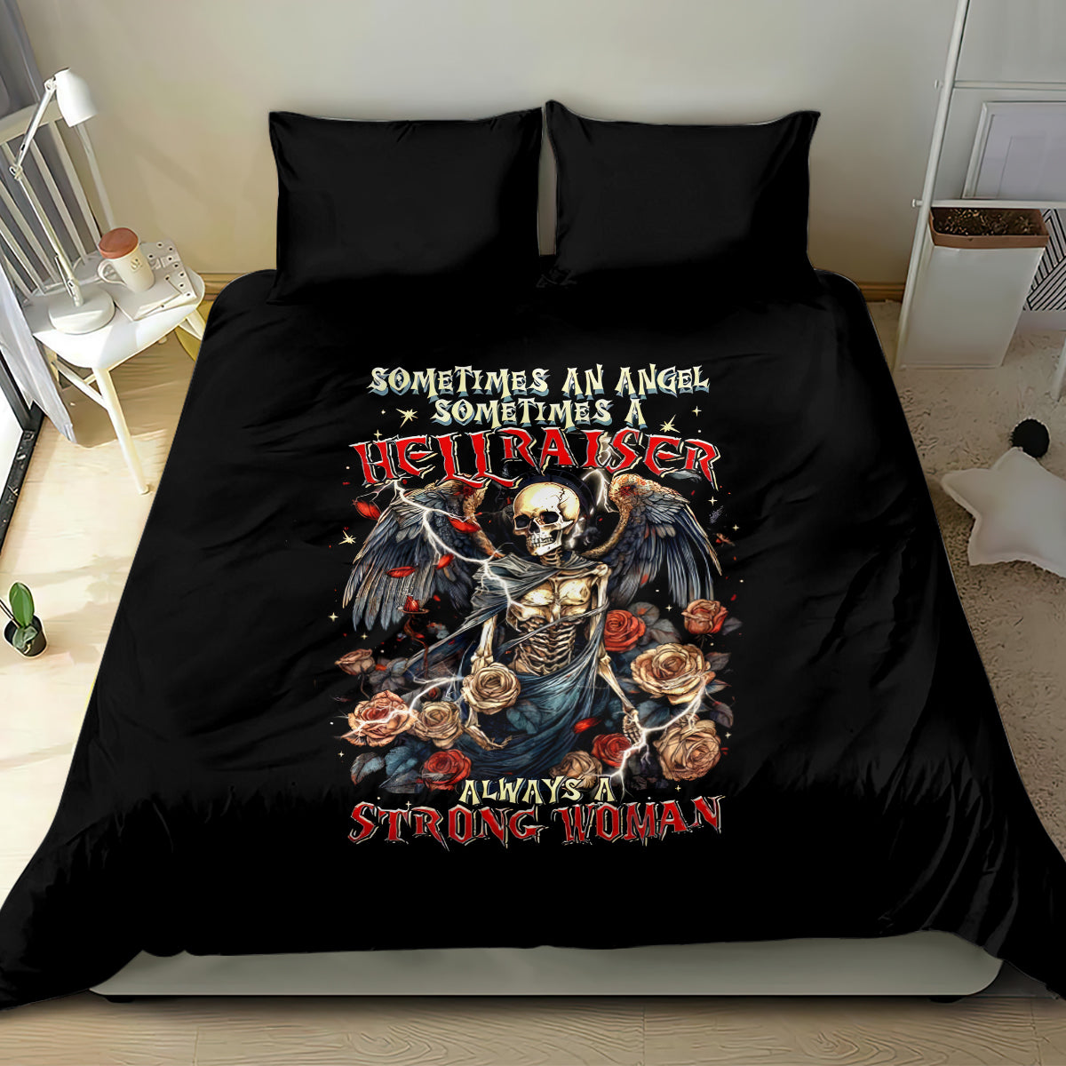 Black bedding set with angel skeleton graphic and winged details, two pillowcases