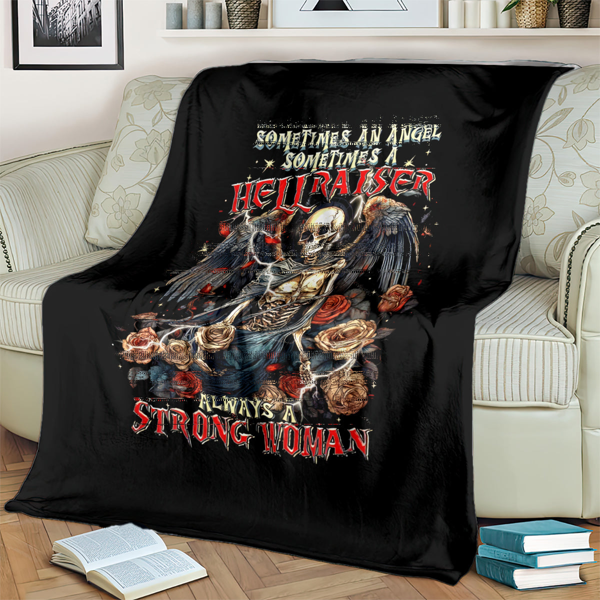 Black blanket with angel skull artwork, roses, and winged figure print