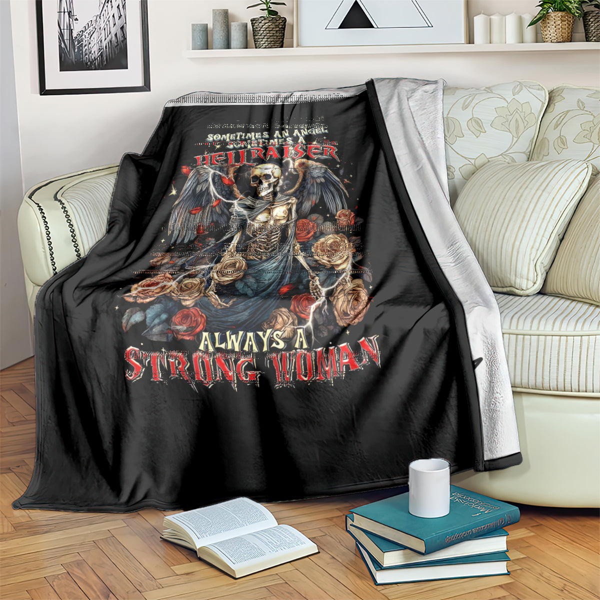 Black throw blanket featuring angel skull and rose graphic with vivid lettering