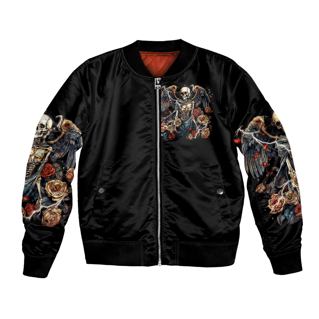 Black bomber jacket with angel skull and roses graphic on front, full zip and ribbed hem