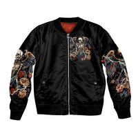 Black bomber jacket with angel skull and roses graphic on front, full zip and ribbed hem