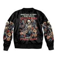 Black bomber jacket, angel skull and rose graphic on back, ribbed cuffs and hem