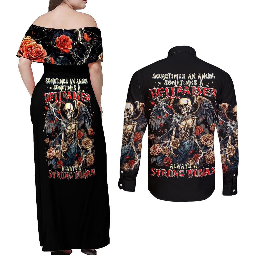 Angel Skull Couples Matching Off Shoulder Maxi Dress and Long Sleeve Button Shirt Sometimes An Angel Sometimes A Hellraiser - Wonder Print Shop