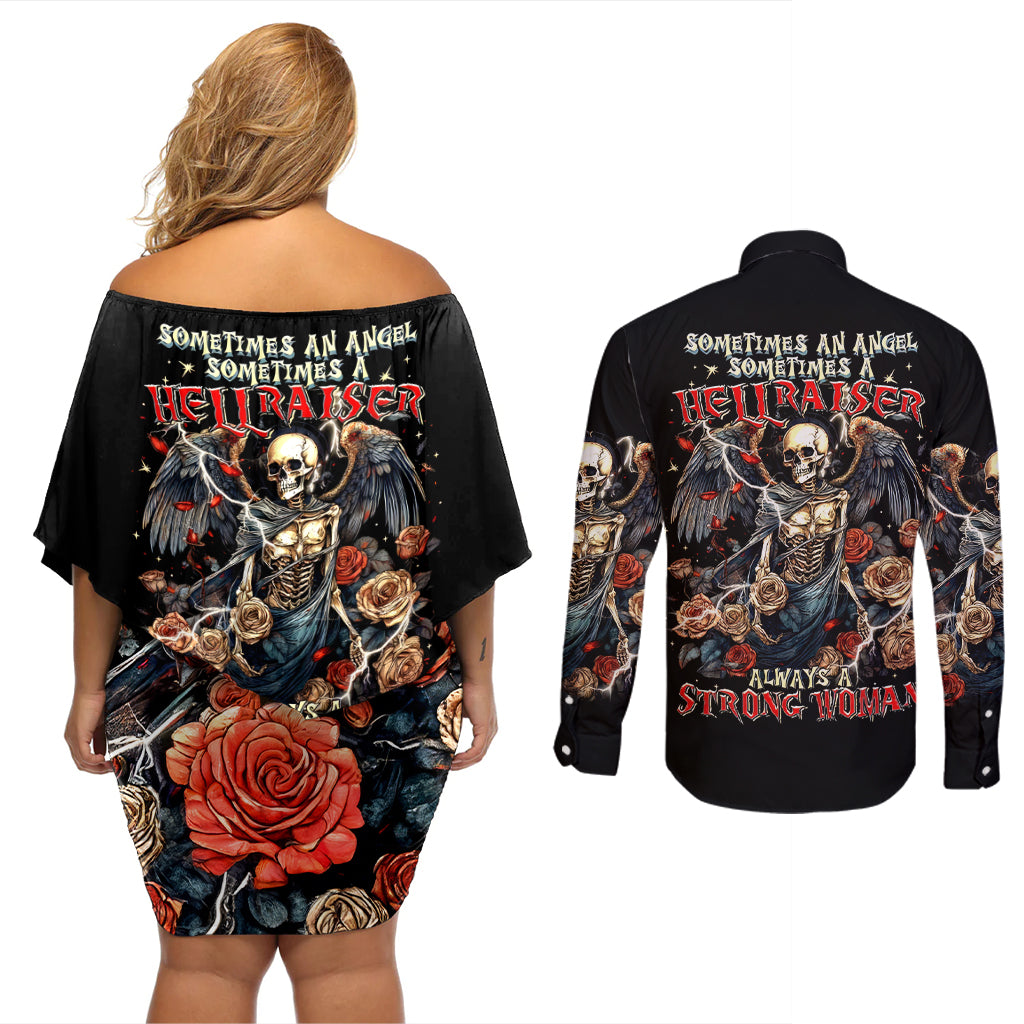 Angel Skull Couples Matching Off Shoulder Short Dress and Long Sleeve Button Shirt Sometimes An Angel Sometimes A Hellraiser - Wonder Print Shop