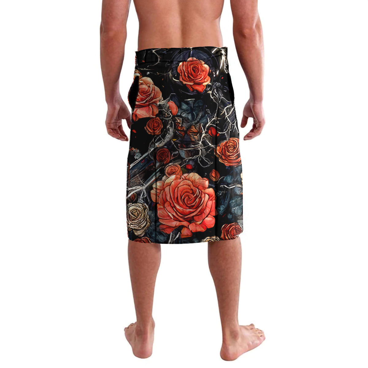 Black lavalava with angel skull and orange rose print, straight knee-length hem