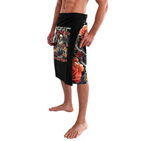 Black angel skull lavalava with orange rose artwork, side view of knee-length split hem